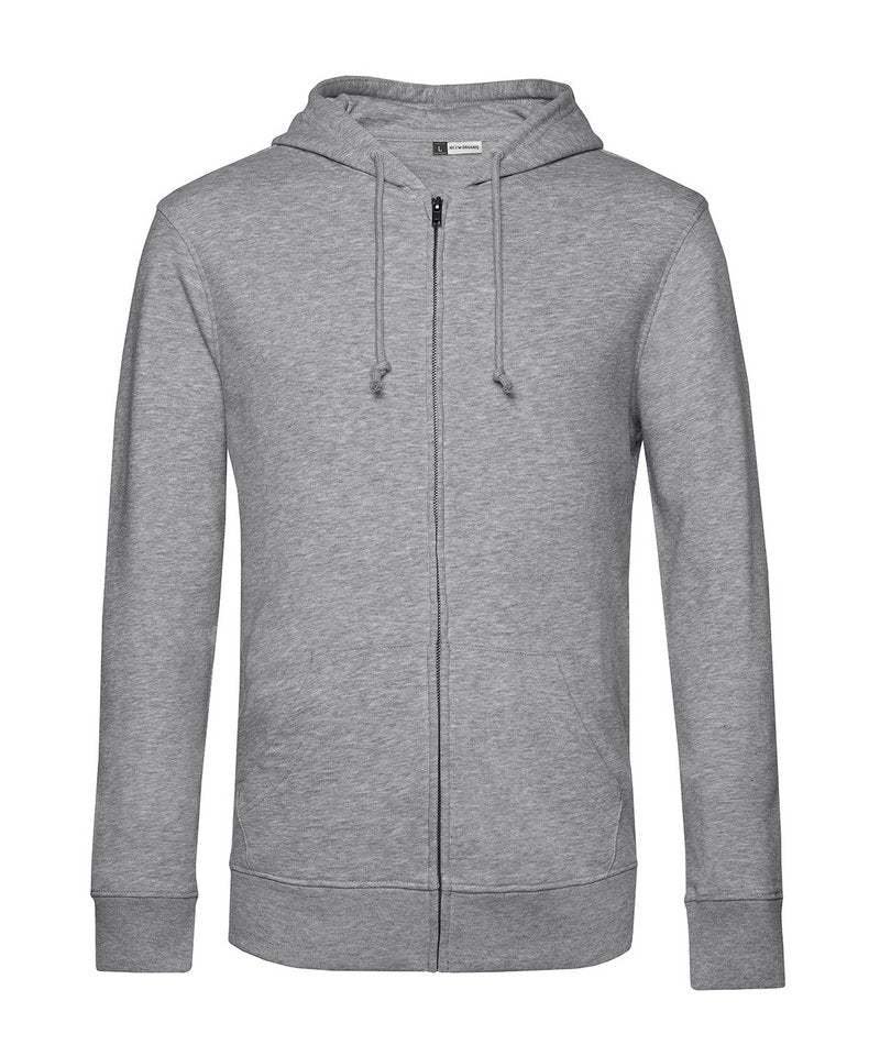 B&C Organic Zipped Hood in Heather Grey by B & C Collection — Custom branded clothing by Print Press, featuring premium embroidery produced in our specialist print lab in the UK.