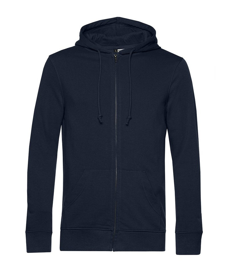 B&C Organic Zipped Hood in Navy Blue by B & C Collection — Custom branded clothing by Print Press, featuring premium embroidery produced in our specialist print lab in the UK.
