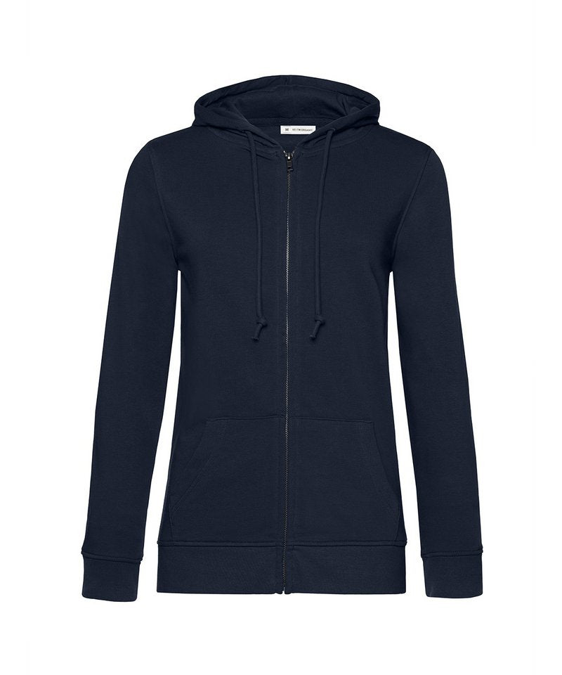 B&C Organic Zipped Hood Women's in Navy Blue by B & C Collection — Custom branded clothing by Print Press, featuring premium embroidery produced in our specialist print lab in the UK.