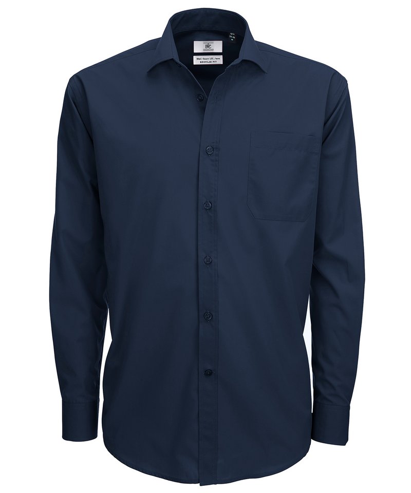 B&C Smart Long Sleeve Men's in Navy by B & C Collection — Custom branded clothing by Print Press, featuring premium embroidery produced in our specialist print lab in the UK.
