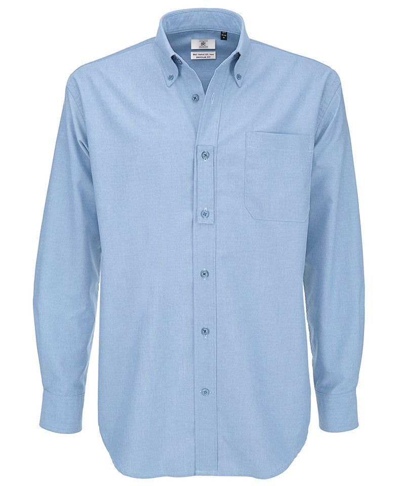 B&C Oxford Long Sleeve Men's in Oxford Blue by B & C Collection — Custom branded clothing by Print Press, featuring premium embroidery produced in our specialist print lab in the UK.