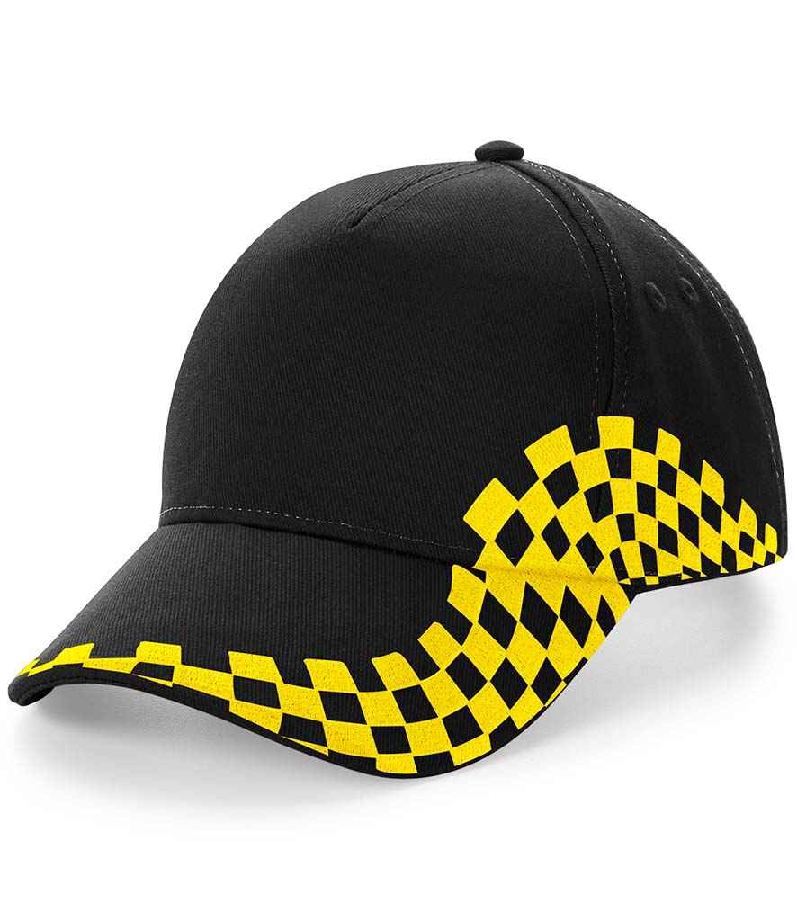 Beechfield Grand Prix Cap in ONE Black Yellow by Beechfield — Custom branded clothing by Print Press, featuring premium embroidery produced in our specialist print lab in the UK.
