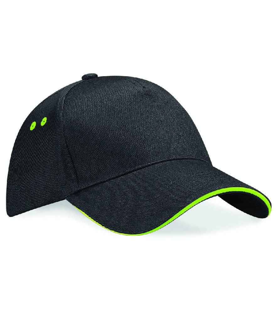 Beechfield Ultimate 5 Panel Cap with Sandwich Peak in ONE Black Lime Green by Beechfield — Custom branded clothing by Print Press, featuring premium embroidery produced in our specialist print lab in the UK.