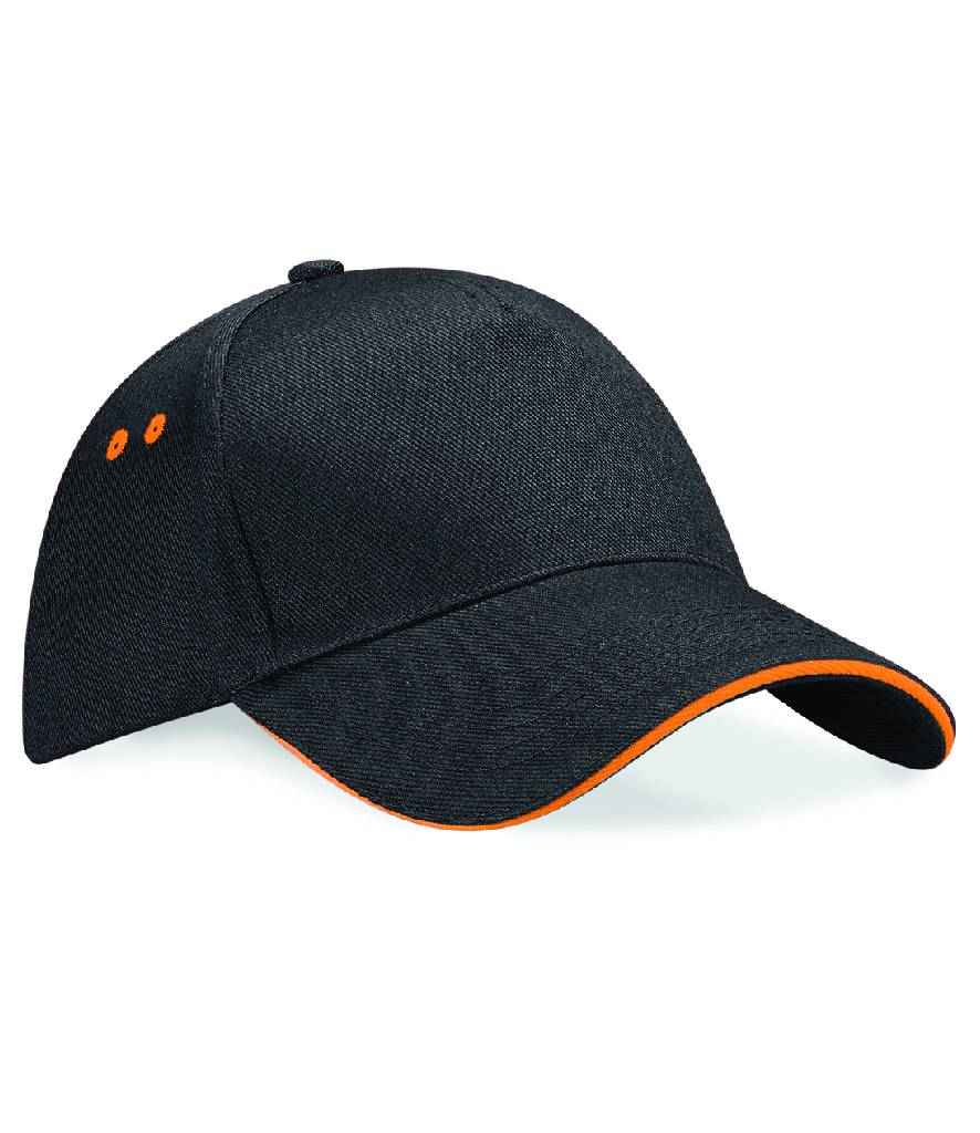 Beechfield Ultimate 5 Panel Cap with Sandwich Peak in ONE Black Orange by Beechfield — Custom branded clothing by Print Press, featuring premium embroidery produced in our specialist print lab in the UK.
