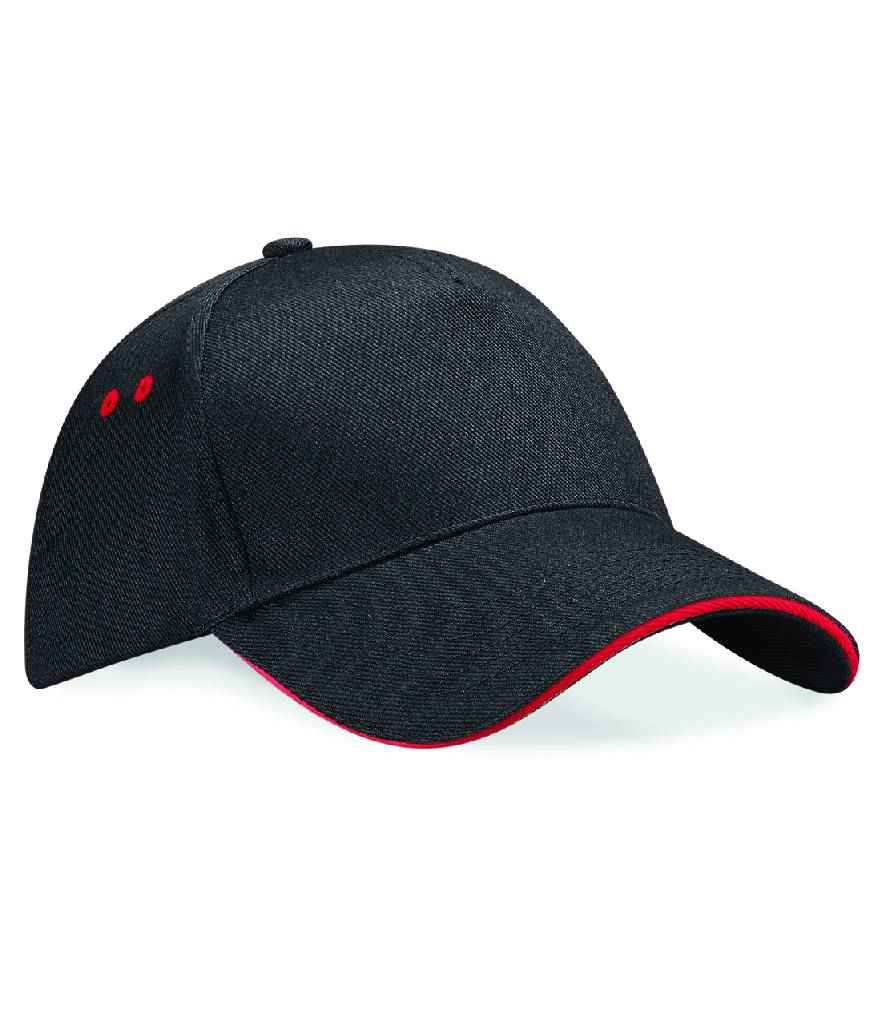 Beechfield Ultimate 5 Panel Cap with Sandwich Peak in ONE Black Classic Red by Beechfield — Custom branded clothing by Print Press, featuring premium embroidery produced in our specialist print lab in the UK.