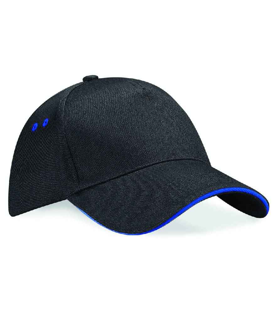 Beechfield Ultimate 5 Panel Cap with Sandwich Peak in ONE Black Bright Royal by Beechfield — Custom branded clothing by Print Press, featuring premium embroidery produced in our specialist print lab in the UK.