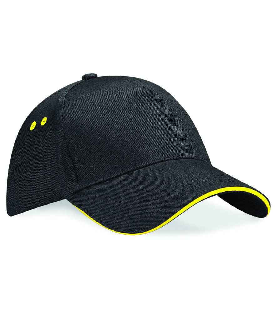 Beechfield Ultimate 5 Panel Cap with Sandwich Peak in ONE Black Yellow by Beechfield — Custom branded clothing by Print Press, featuring premium embroidery produced in our specialist print lab in the UK.
