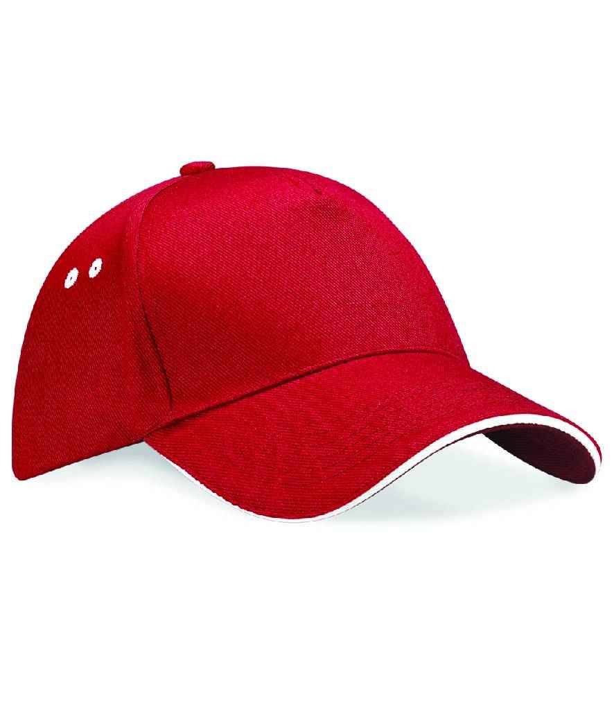 Beechfield Ultimate 5 Panel Cap with Sandwich Peak in ONE Classic Red White by Beechfield — Custom branded clothing by Print Press, featuring premium embroidery produced in our specialist print lab in the UK.
