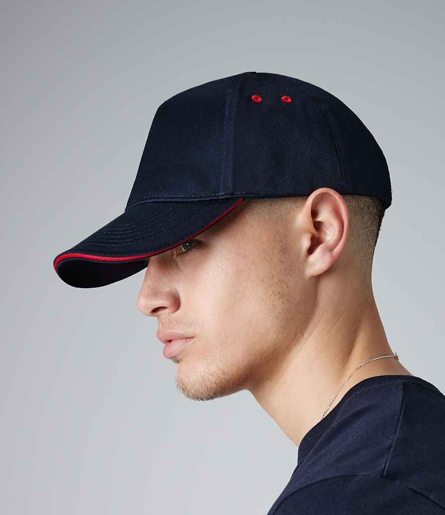 Beechfield Ultimate 5 Panel Cap with Sandwich Peak in ONE French Navy Classic Red by Beechfield — Custom branded clothing by Print Press, featuring premium embroidery produced in our specialist print lab in the UK.