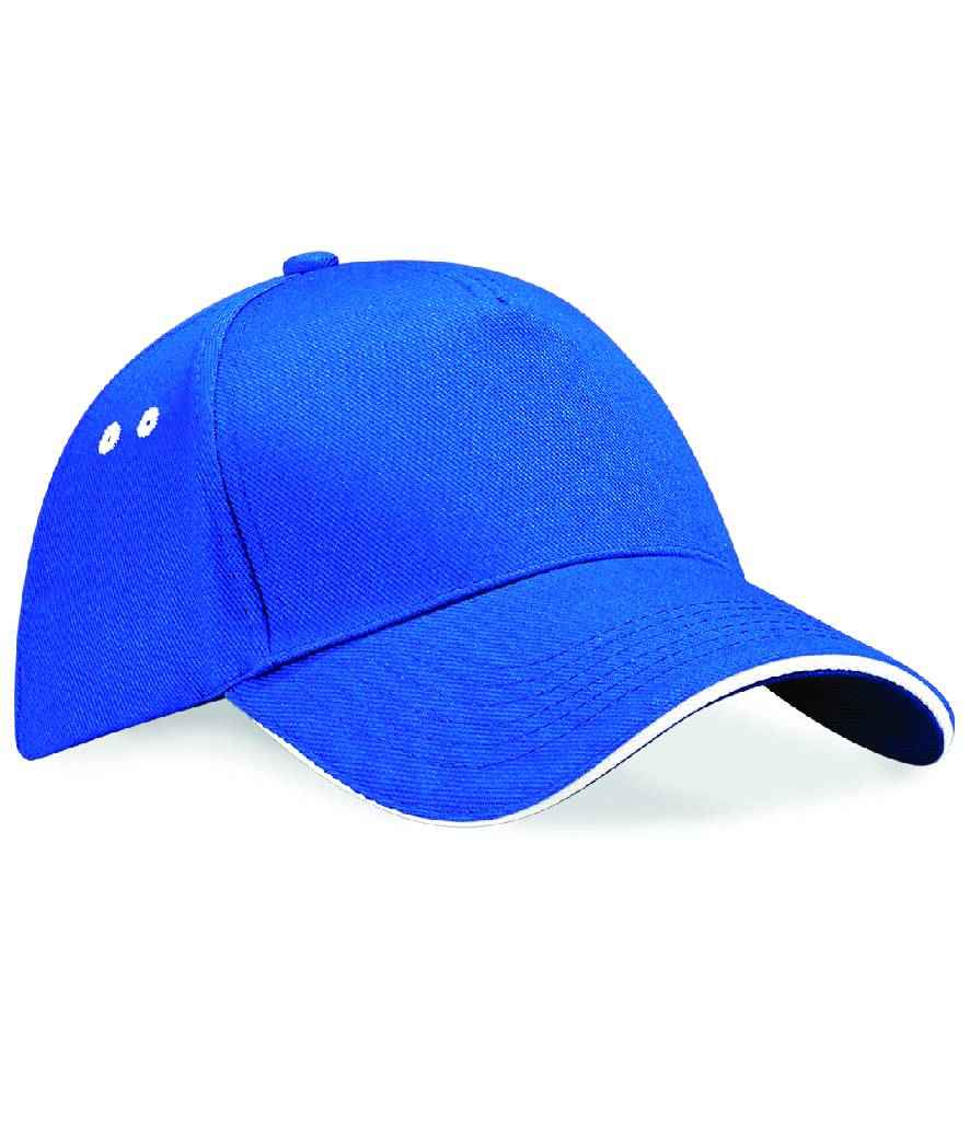 Beechfield Ultimate 5 Panel Cap with Sandwich Peak in ONE Bright Royal White by Beechfield — Custom branded clothing by Print Press, featuring premium embroidery produced in our specialist print lab in the UK.