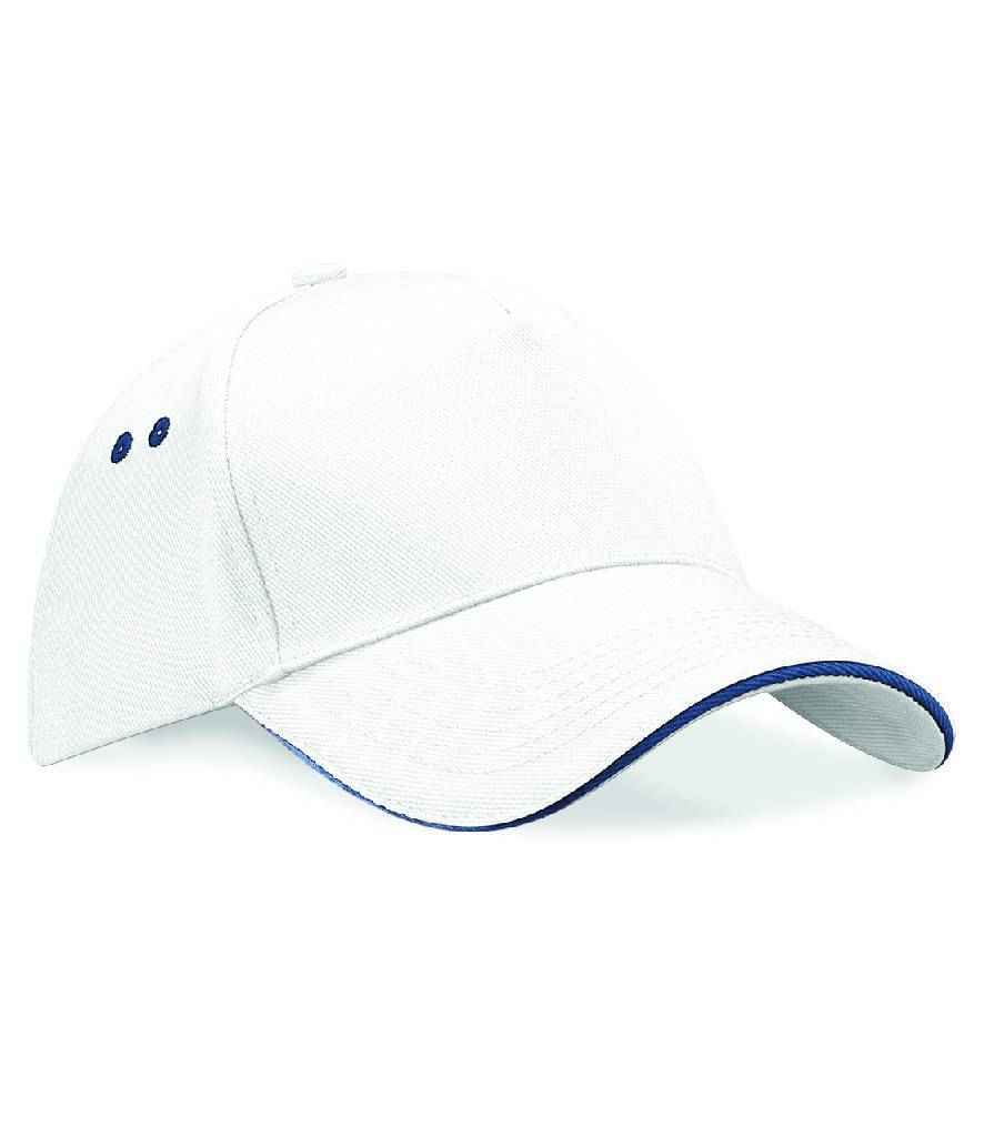 Beechfield Ultimate 5 Panel Cap with Sandwich Peak in ONE White French Navy by Beechfield — Custom branded clothing by Print Press, featuring premium embroidery produced in our specialist print lab in the UK.