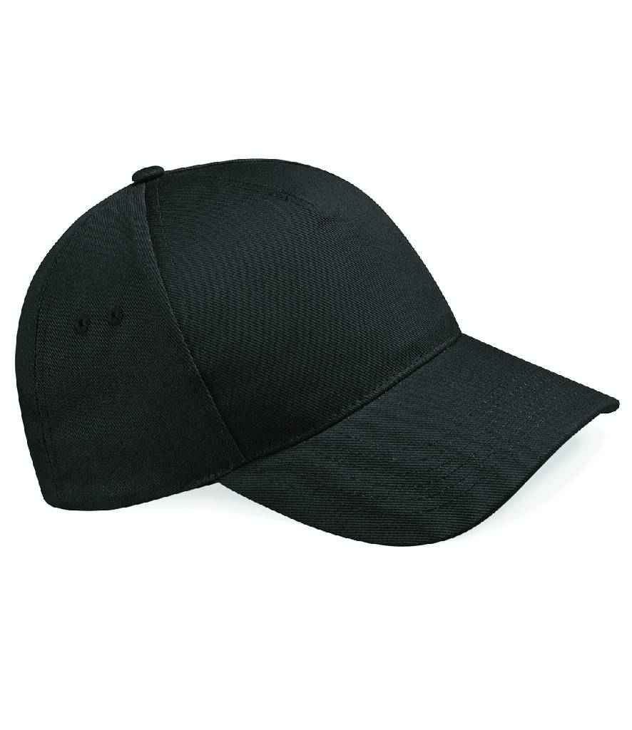 Beechfield Ultimate 5 Panel Cap in ONE Black by Beechfield — Custom branded clothing by Print Press, featuring premium embroidery produced in our specialist print lab in the UK.