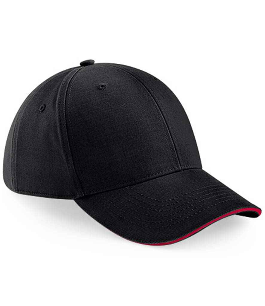 Beechfield Athleisure 6 Panel Cap in ONE Black Classic Red by Beechfield — Custom branded clothing by Print Press, featuring premium embroidery produced in our specialist print lab in the UK.