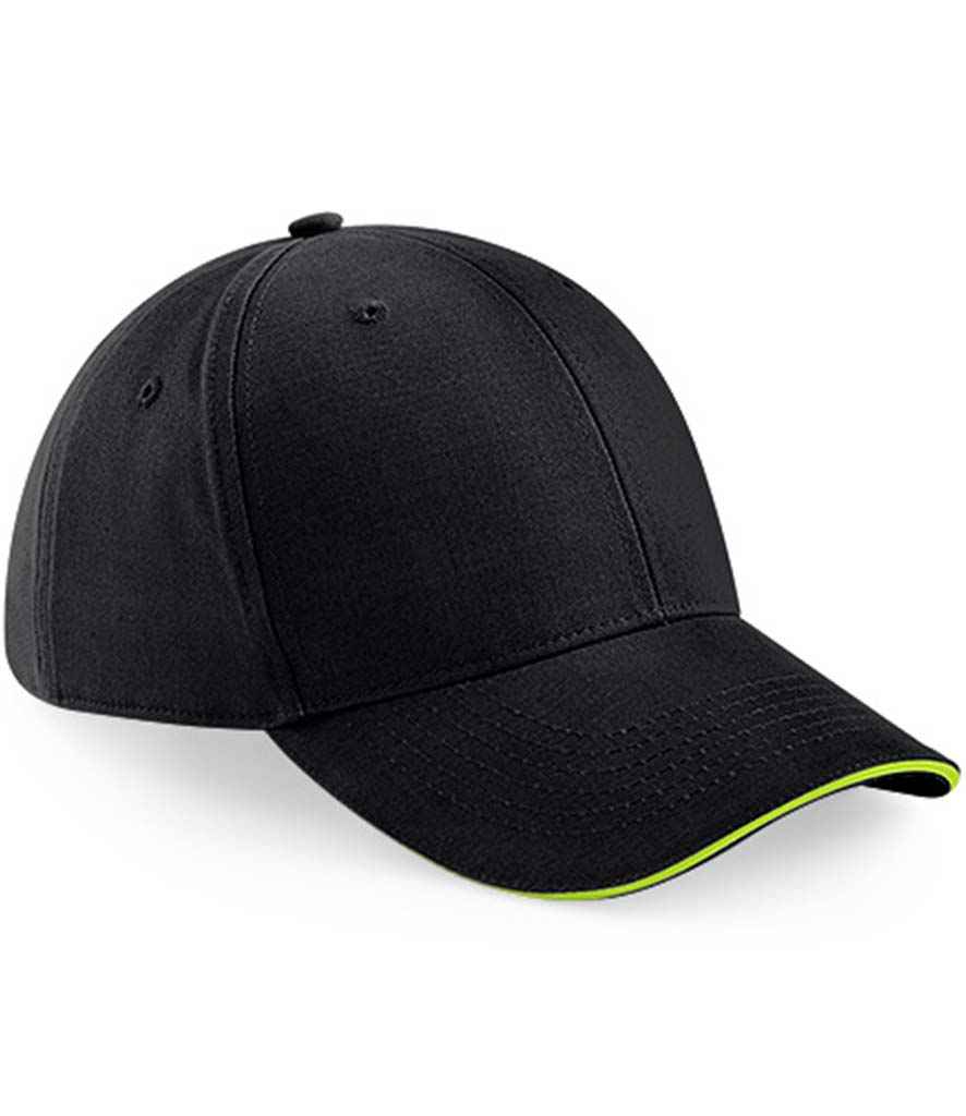 Beechfield Athleisure 6 Panel Cap in ONE Black Lime Green by Beechfield — Custom branded clothing by Print Press, featuring premium embroidery produced in our specialist print lab in the UK.