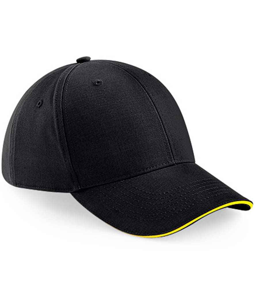 Beechfield Athleisure 6 Panel Cap in ONE Black Yellow by Beechfield — Custom branded clothing by Print Press, featuring premium embroidery produced in our specialist print lab in the UK.