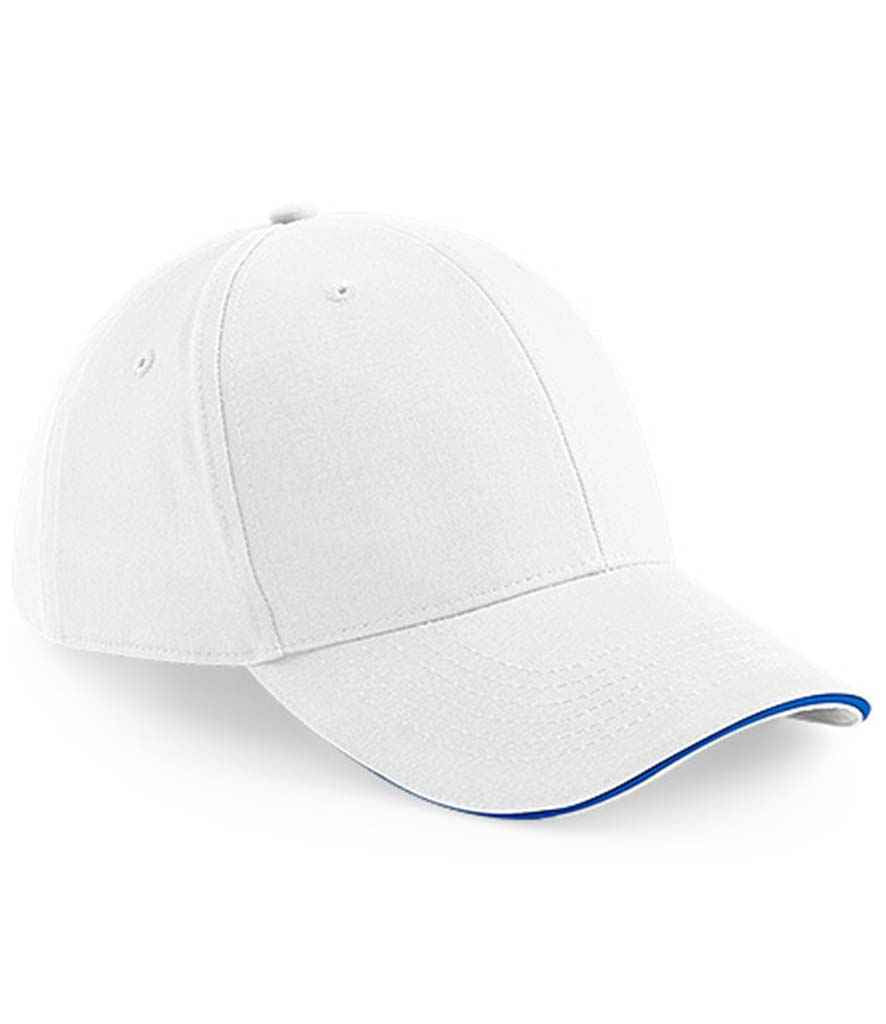 Beechfield Athleisure 6 Panel Cap in ONE White Bright Royal by Beechfield — Custom branded clothing by Print Press, featuring premium embroidery produced in our specialist print lab in the UK.