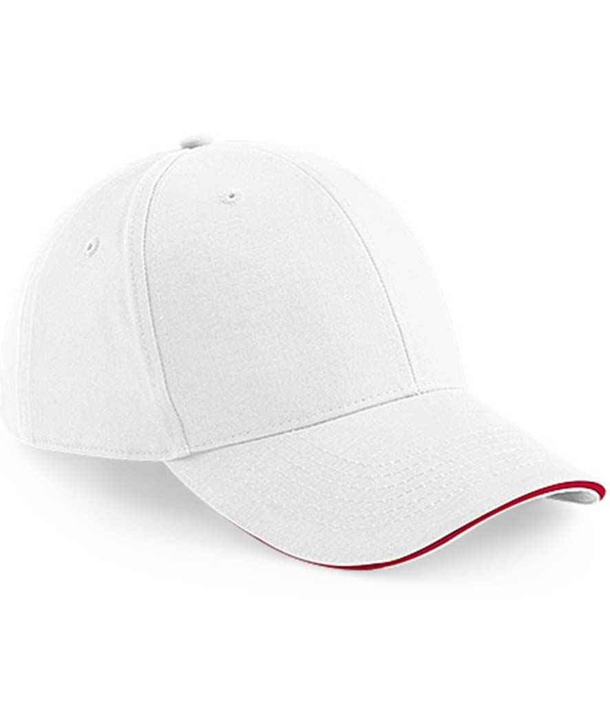 Beechfield Athleisure 6 Panel Cap in ONE White Classic Red by Beechfield — Custom branded clothing by Print Press, featuring premium embroidery produced in our specialist print lab in the UK.