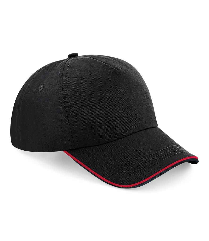 Beechfield Authentic Piped 5 Panel Cap in ONE Black Classic Red by Beechfield — Custom branded clothing by Print Press, featuring premium embroidery produced in our specialist print lab in the UK.
