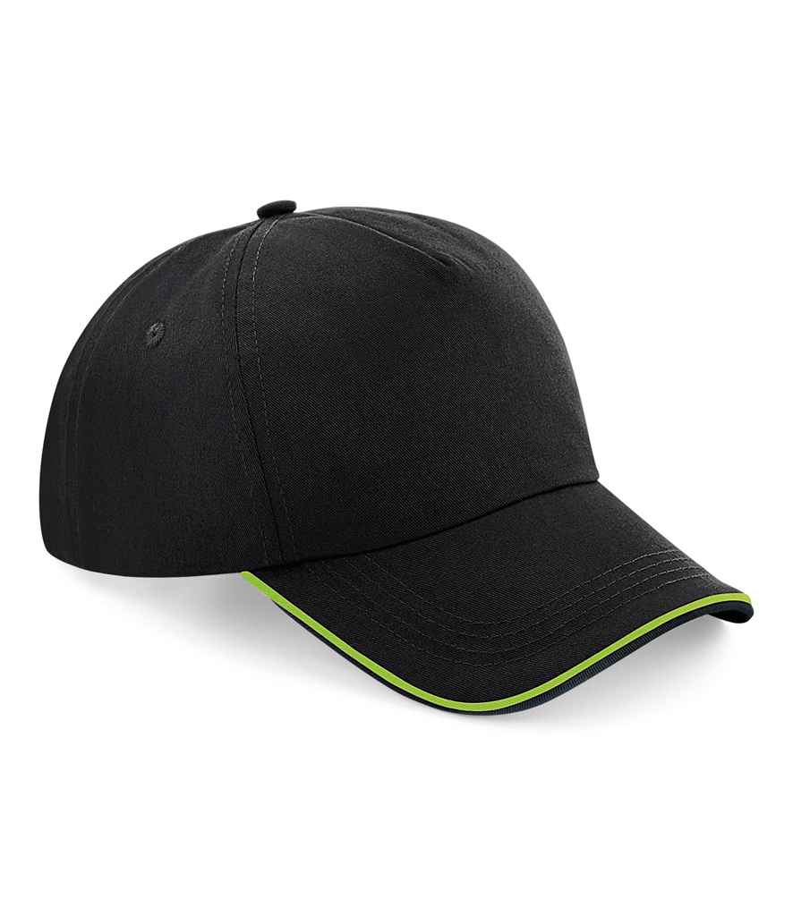 Beechfield Authentic Piped 5 Panel Cap in ONE Black Lime Green by Beechfield — Custom branded clothing by Print Press, featuring premium embroidery produced in our specialist print lab in the UK.