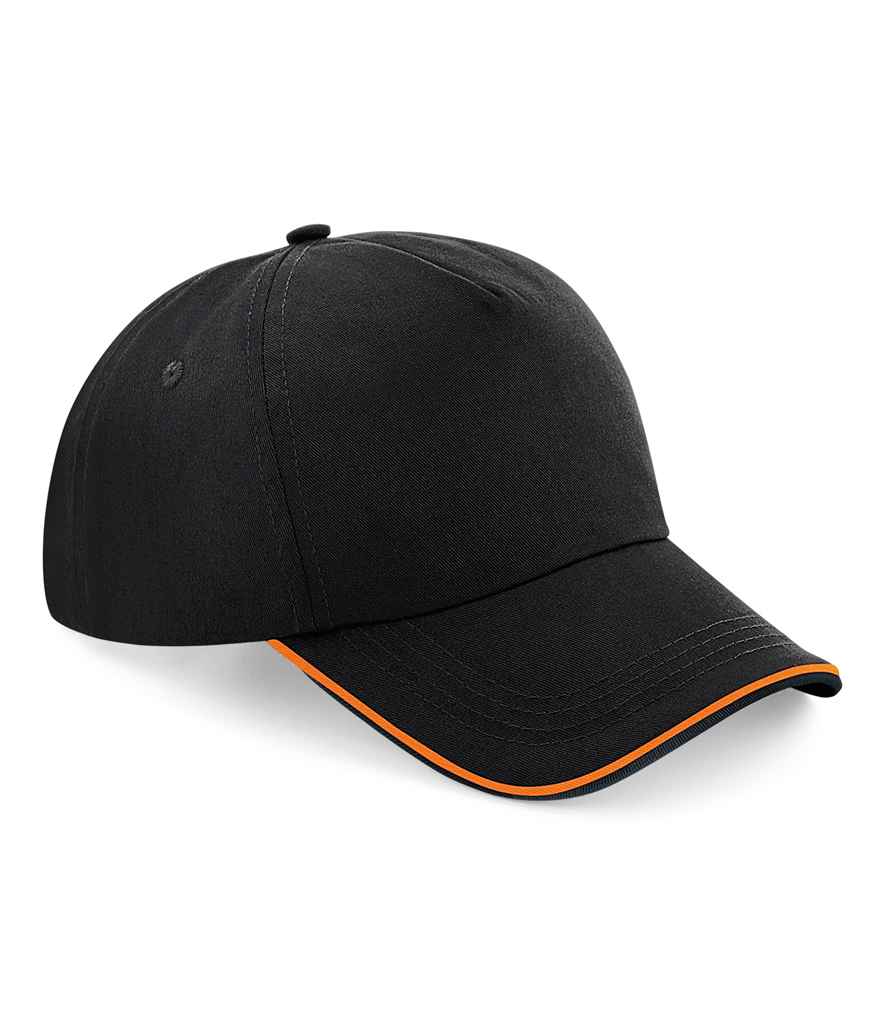 Beechfield Authentic Piped 5 Panel Cap in ONE Black Orange by Beechfield — Custom branded clothing by Print Press, featuring premium embroidery produced in our specialist print lab in the UK.