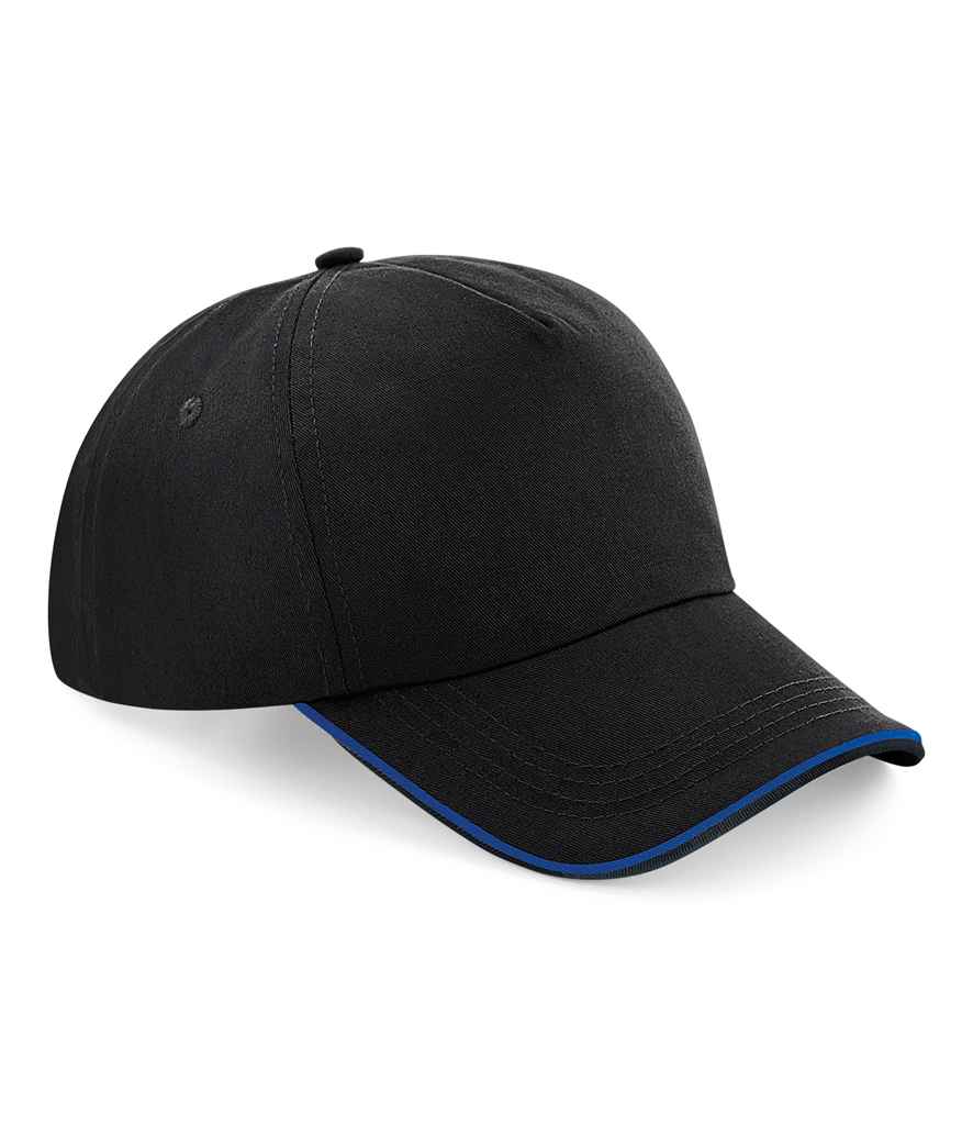 Beechfield Authentic Piped 5 Panel Cap in ONE Black Bright Royal by Beechfield — Custom branded clothing by Print Press, featuring premium embroidery produced in our specialist print lab in the UK.