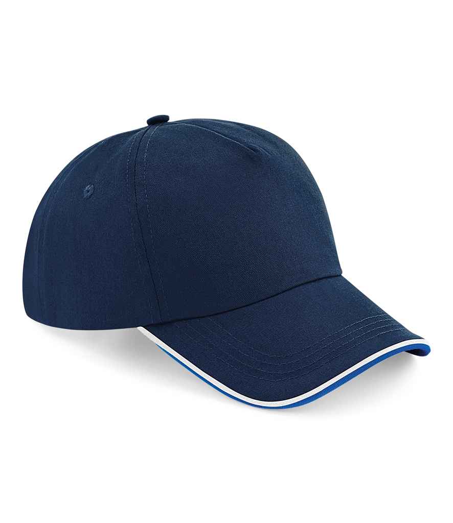 Beechfield Authentic Piped 5 Panel Cap in ONE French Navy Bright Royal White by Beechfield — Custom branded clothing by Print Press, featuring premium embroidery produced in our specialist print lab in the UK.