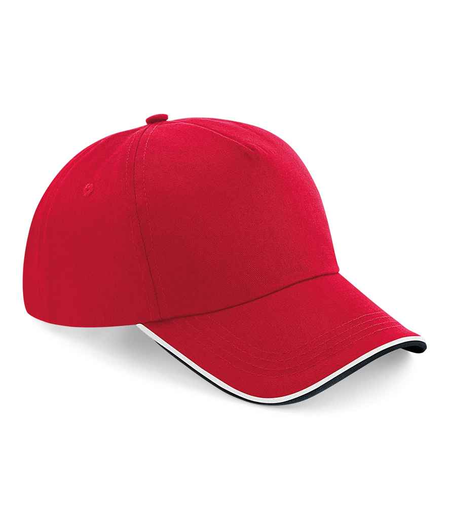 Beechfield Authentic Piped 5 Panel Cap in ONE Classic Red Black White by Beechfield — Custom branded clothing by Print Press, featuring premium embroidery produced in our specialist print lab in the UK.