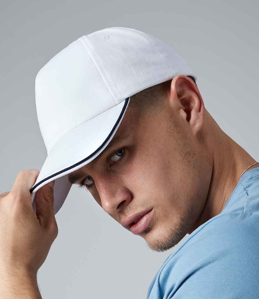 Beechfield Authentic Piped 5 Panel Cap in ONE White French Navy by Beechfield — Custom branded clothing by Print Press, featuring premium embroidery produced in our specialist print lab in the UK.