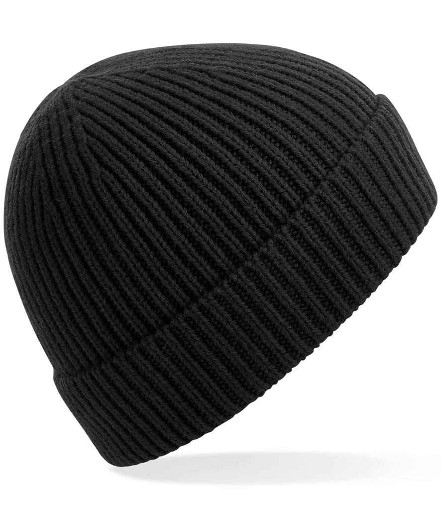 Beechfield Engineered Knit Ribbed Beanie in ONE Black by Beechfield — Custom branded clothing by Print Press, featuring premium embroidery produced in our specialist print lab in the UK.