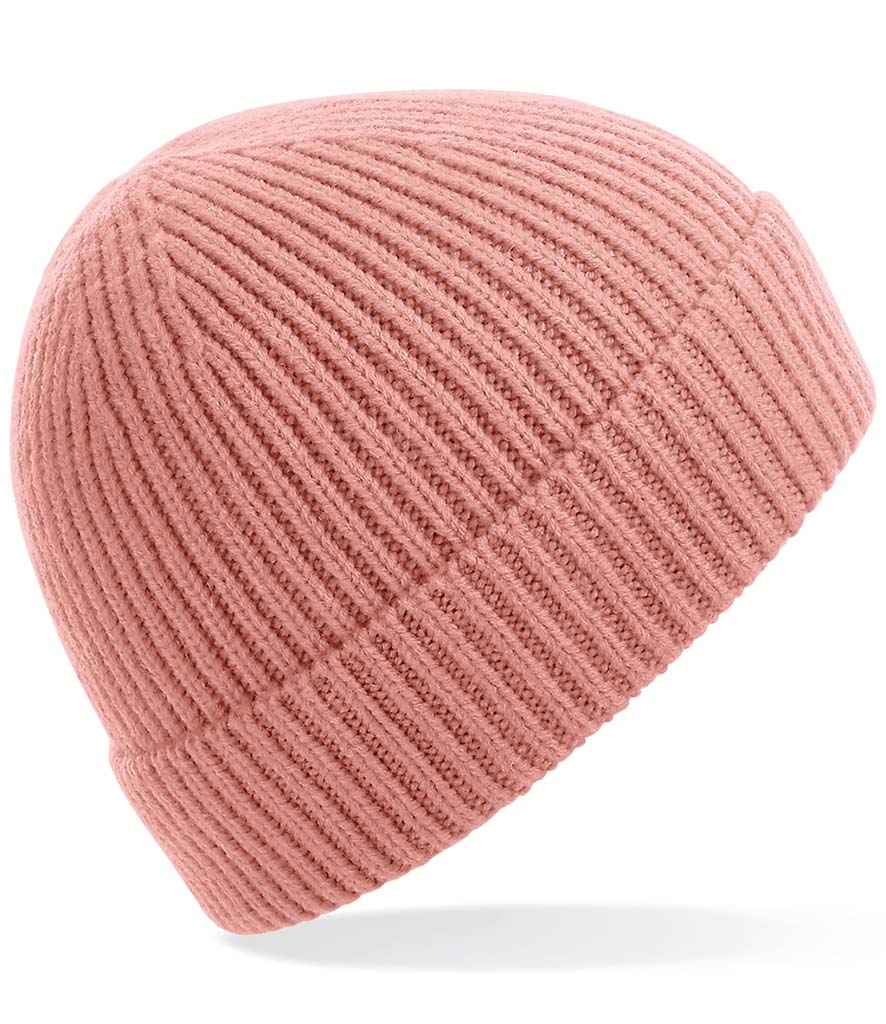 Beechfield Engineered Knit Ribbed Beanie in ONE Blush by Beechfield — Custom branded clothing by Print Press, featuring premium embroidery produced in our specialist print lab in the UK.