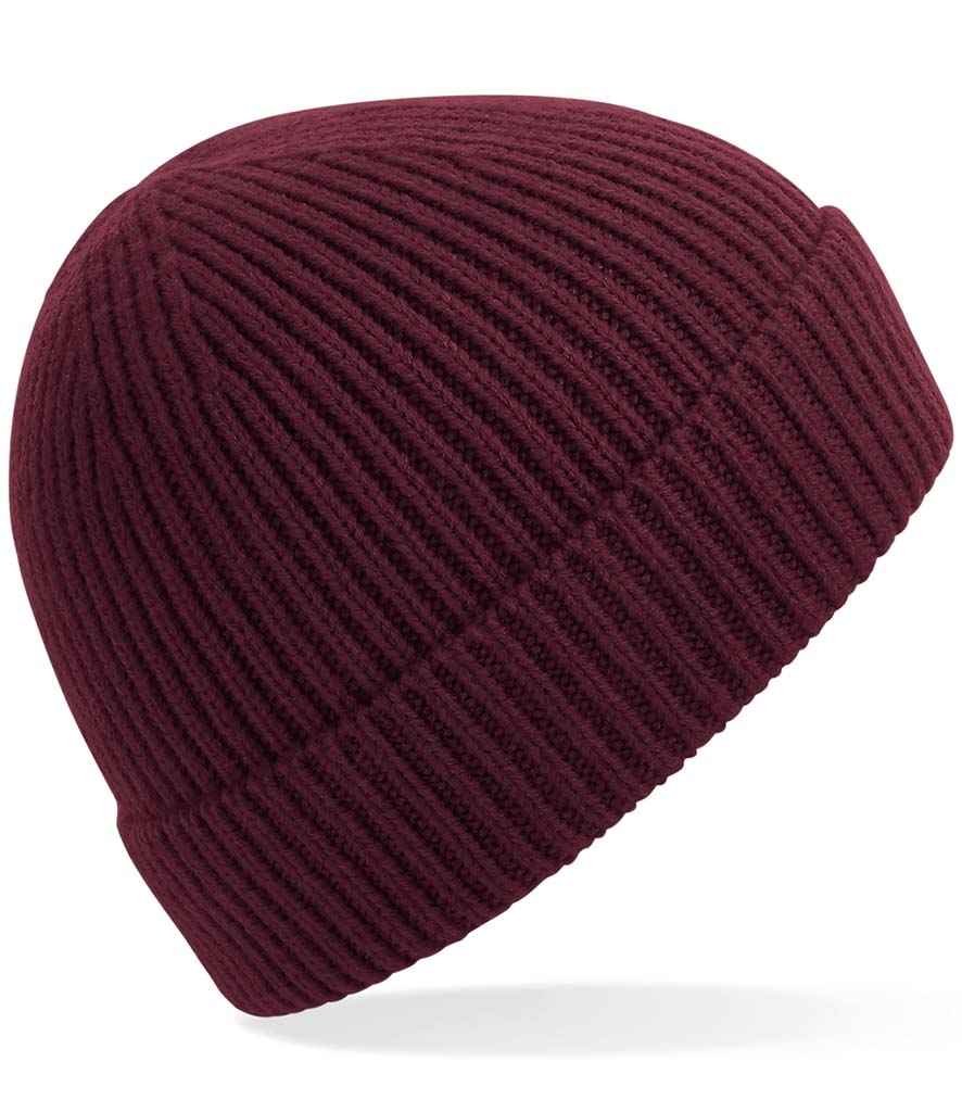 Beechfield Engineered Knit Ribbed Beanie in ONE Burgundy by Beechfield — Custom branded clothing by Print Press, featuring premium embroidery produced in our specialist print lab in the UK.