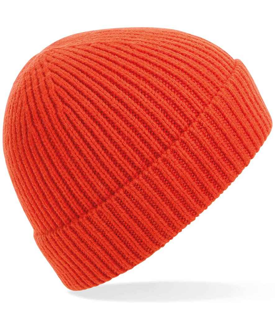 Beechfield Engineered Knit Ribbed Beanie in ONE Fire Red by Beechfield — Custom branded clothing by Print Press, featuring premium embroidery produced in our specialist print lab in the UK.