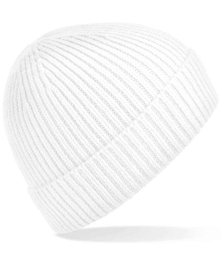Beechfield Engineered Knit Ribbed Beanie in ONE White by Beechfield — Custom branded clothing by Print Press, featuring premium embroidery produced in our specialist print lab in the UK.