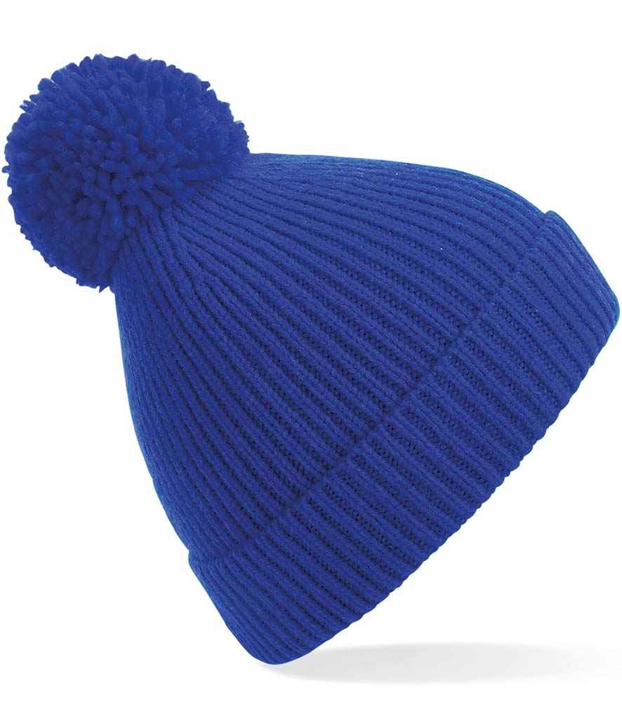 Beechfield Engineered Knit Ribbed Pom Pom Beanie in ONE Bright Royal by Beechfield — Custom branded clothing by Print Press, featuring premium embroidery produced in our specialist print lab in the UK.