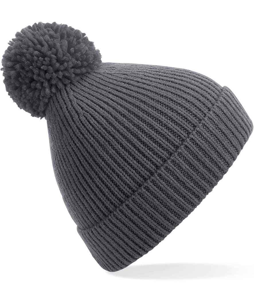 Beechfield Engineered Knit Ribbed Pom Pom Beanie in ONE Graphite Grey by Beechfield — Custom branded clothing by Print Press, featuring premium embroidery produced in our specialist print lab in the UK.