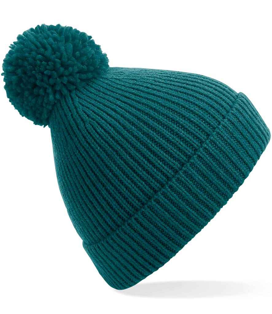 Beechfield Engineered Knit Ribbed Pom Pom Beanie in ONE Ocean Green by Beechfield — Custom branded clothing by Print Press, featuring premium embroidery produced in our specialist print lab in the UK.
