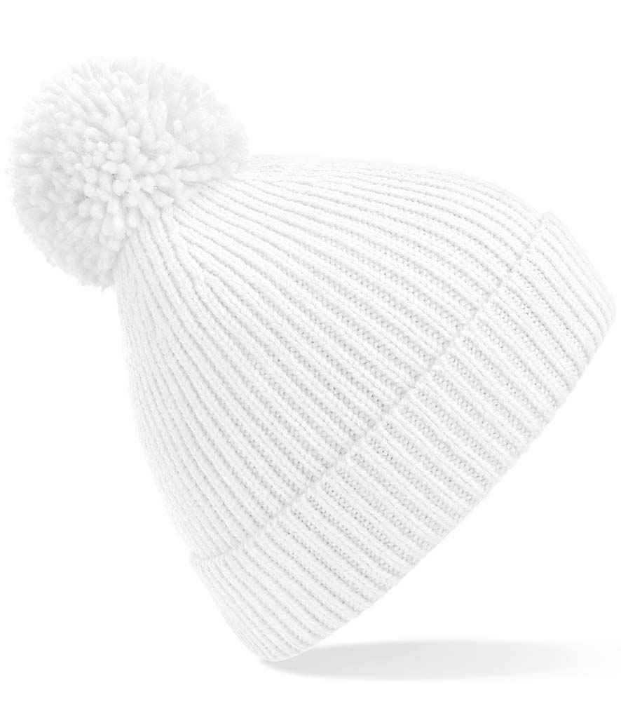 Beechfield Engineered Knit Ribbed Pom Pom Beanie in ONE White by Beechfield — Custom branded clothing by Print Press, featuring premium embroidery produced in our specialist print lab in the UK.