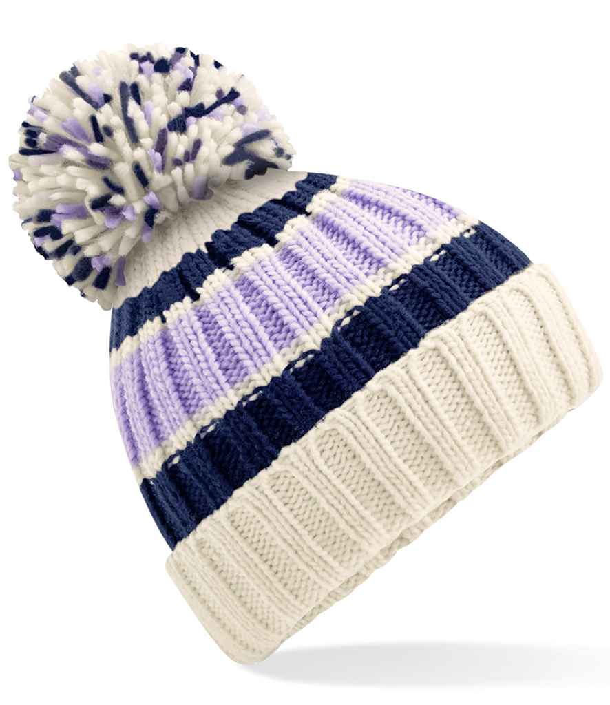 Beechfield Hygge Striped Beanie in ONE Blueberry Cheesecake by Beechfield — Custom branded clothing by Print Press, featuring premium embroidery produced in our specialist print lab in the UK.