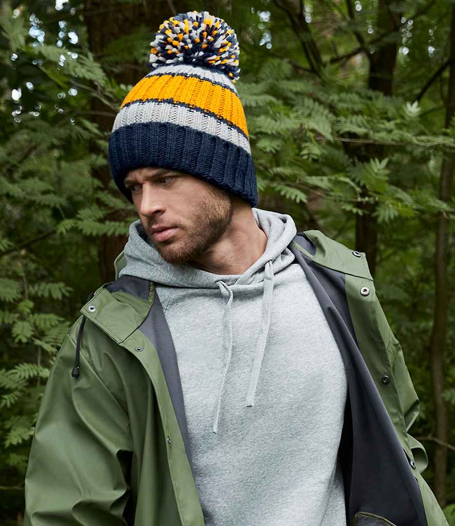 Beechfield Hygge Striped Beanie in ONE Dijon Blue by Beechfield — Custom branded clothing by Print Press, featuring premium embroidery produced in our specialist print lab in the UK.
