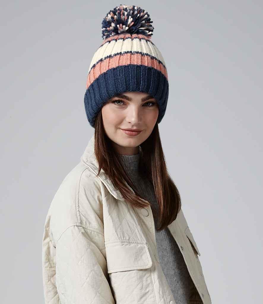 Beechfield Hygge Striped Beanie in ONE Marshmallow Sundae by Beechfield — Custom branded clothing by Print Press, featuring premium embroidery produced in our specialist print lab in the UK.