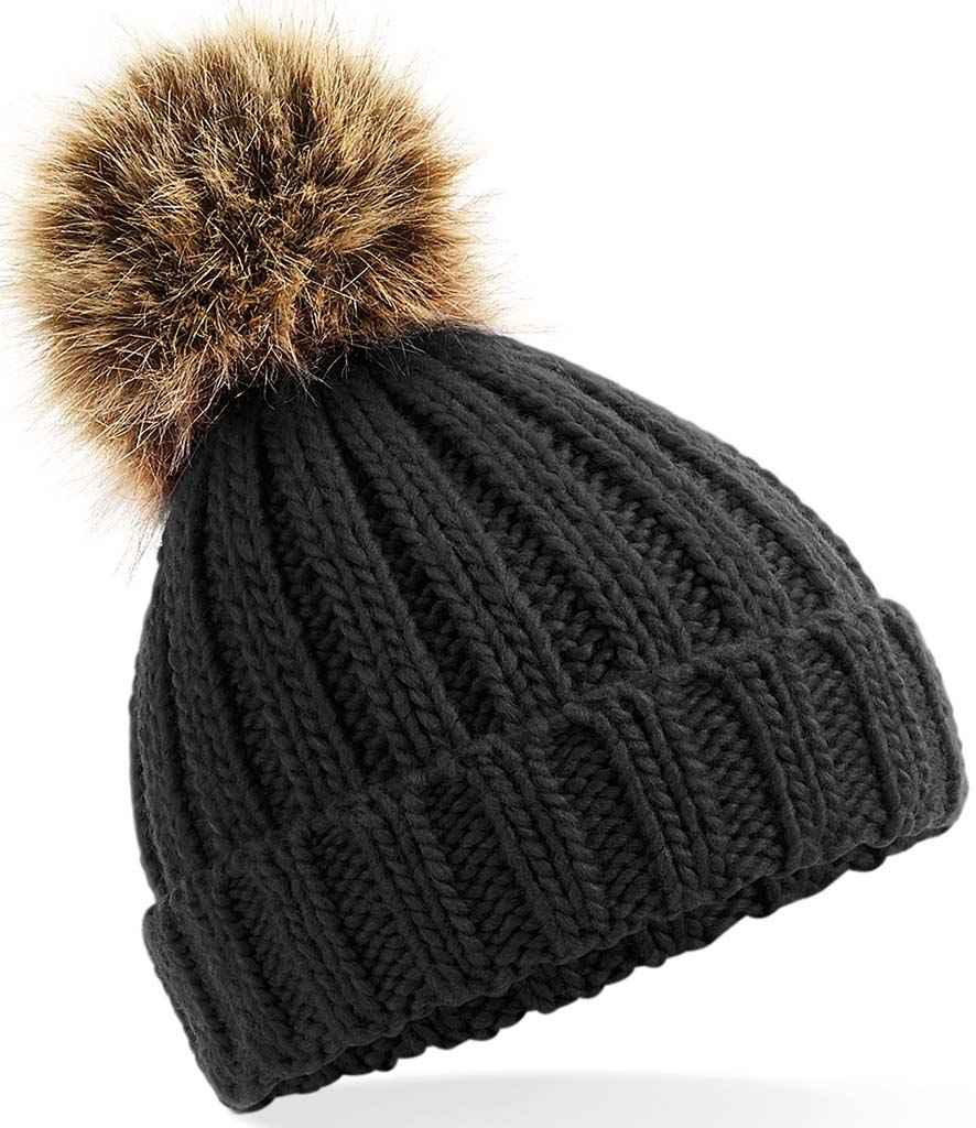 Beechfield Infant Faux Fur Pom Pom Chunky Beanie in ONE Black by Beechfield — Custom branded clothing by Print Press, featuring premium embroidery produced in our specialist print lab in the UK.
