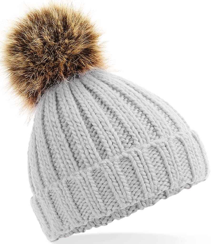 Beechfield Infant Faux Fur Pom Pom Chunky Beanie in ONE Light Grey by Beechfield — Custom branded clothing by Print Press, featuring premium embroidery produced in our specialist print lab in the UK.