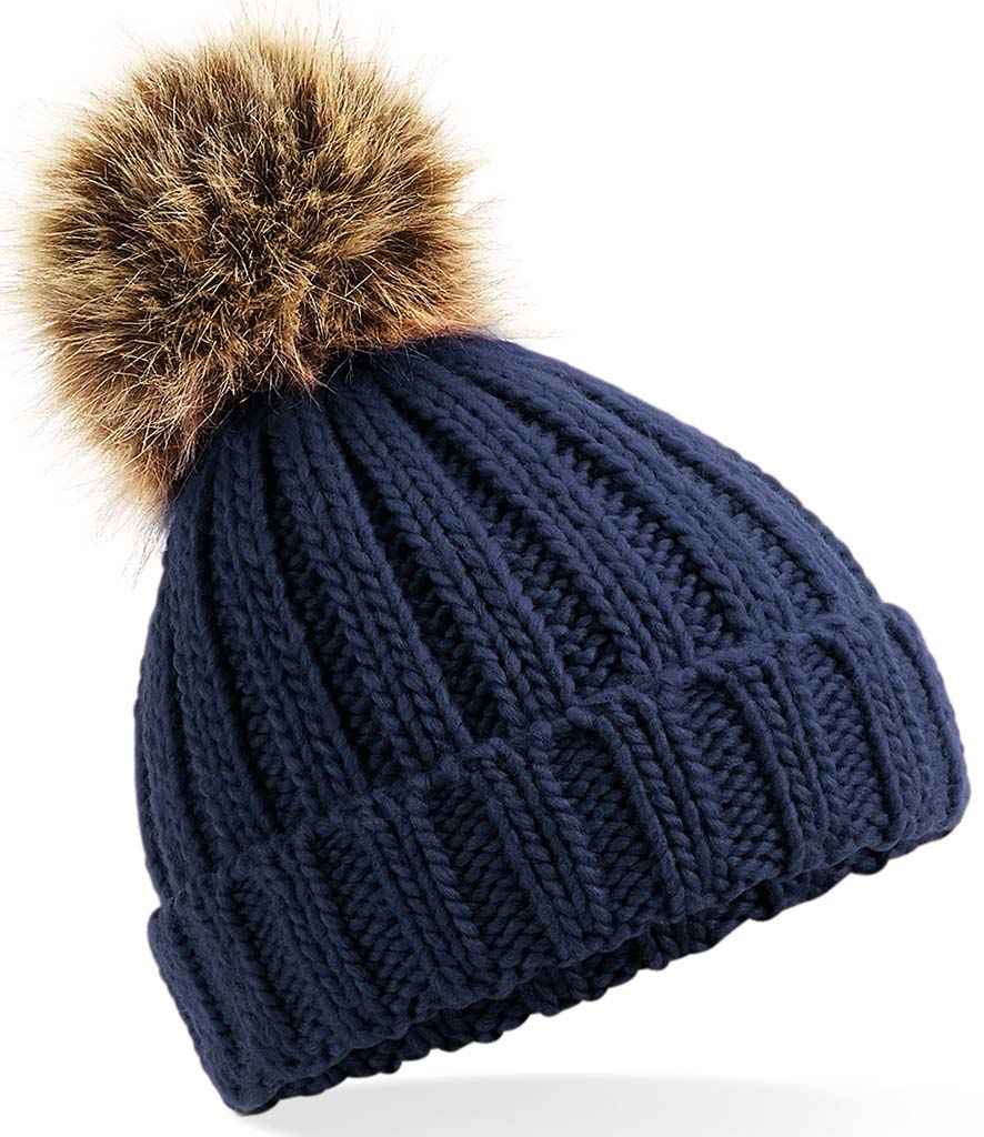 Beechfield Infant Faux Fur Pom Pom Chunky Beanie in ONE Navy by Beechfield — Custom branded clothing by Print Press, featuring premium embroidery produced in our specialist print lab in the UK.