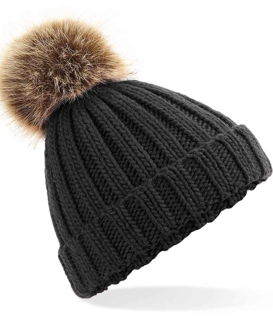 Beechfield Junior Faux Fur Pom Pom Chunky Beanie in ONE Black by Beechfield — Custom branded clothing by Print Press, featuring premium embroidery produced in our specialist print lab in the UK.