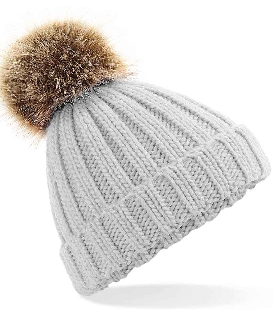 Beechfield Junior Faux Fur Pom Pom Chunky Beanie in ONE Light Grey by Beechfield — Custom branded clothing by Print Press, featuring premium embroidery produced in our specialist print lab in the UK.