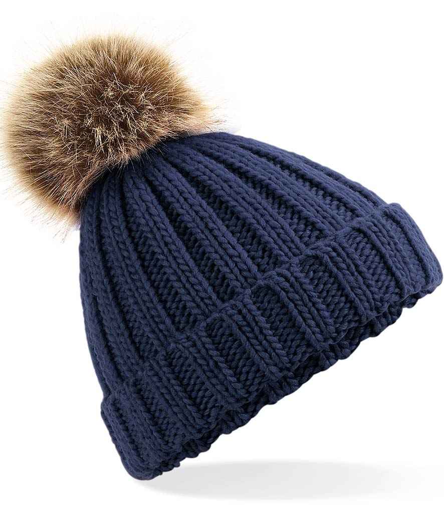 Beechfield Junior Faux Fur Pom Pom Chunky Beanie in ONE Navy by Beechfield — Custom branded clothing by Print Press, featuring premium embroidery produced in our specialist print lab in the UK.