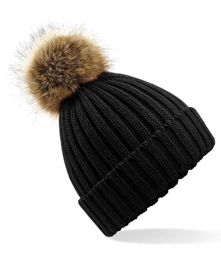 Beechfield Faux Fur Pop Pom Chunky Beanie in ONE Black by Beechfield — Custom branded clothing by Print Press, featuring premium embroidery produced in our specialist print lab in the UK.