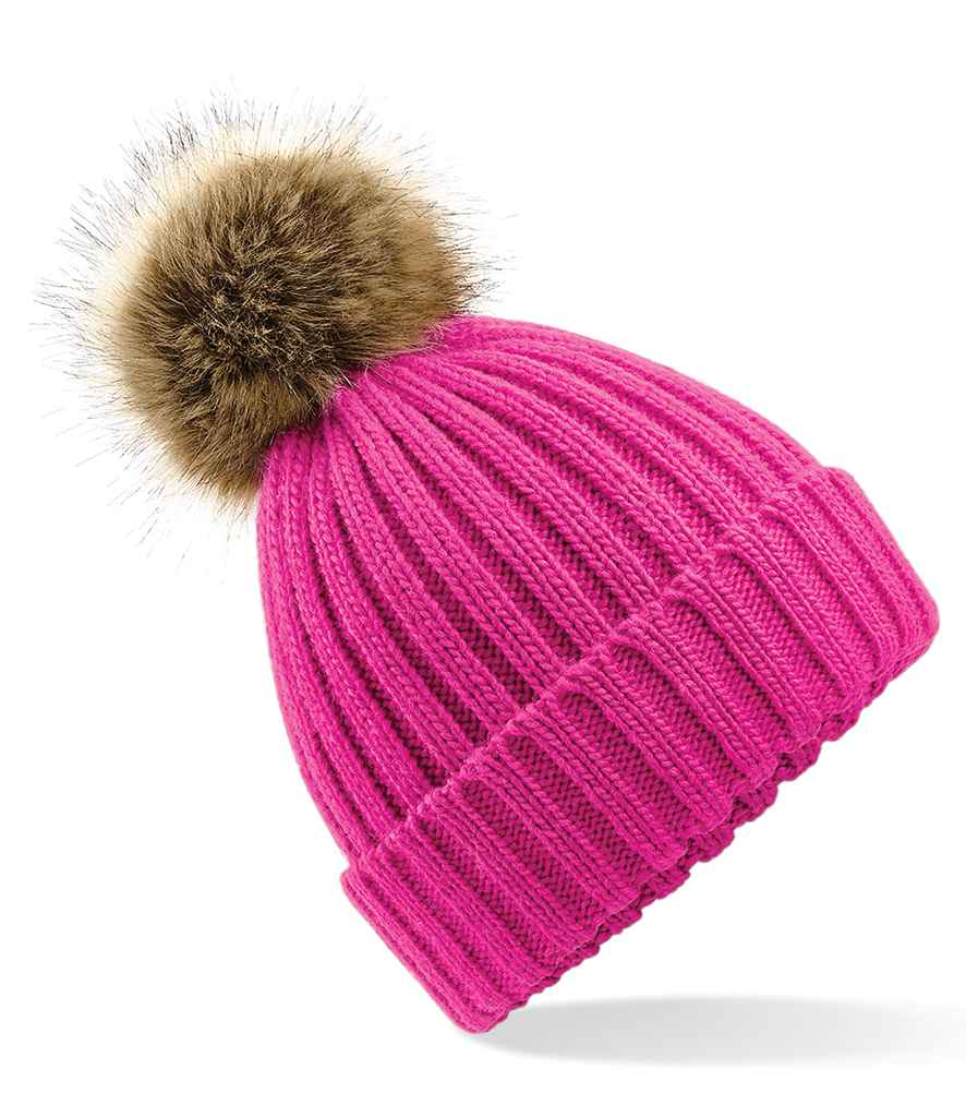 Beechfield Faux Fur Pop Pom Chunky Beanie in ONE Fuchsia by Beechfield — Custom branded clothing by Print Press, featuring premium embroidery produced in our specialist print lab in the UK.