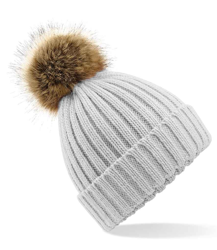 Beechfield Faux Fur Pop Pom Chunky Beanie in ONE Light Grey by Beechfield — Custom branded clothing by Print Press, featuring premium embroidery produced in our specialist print lab in the UK.