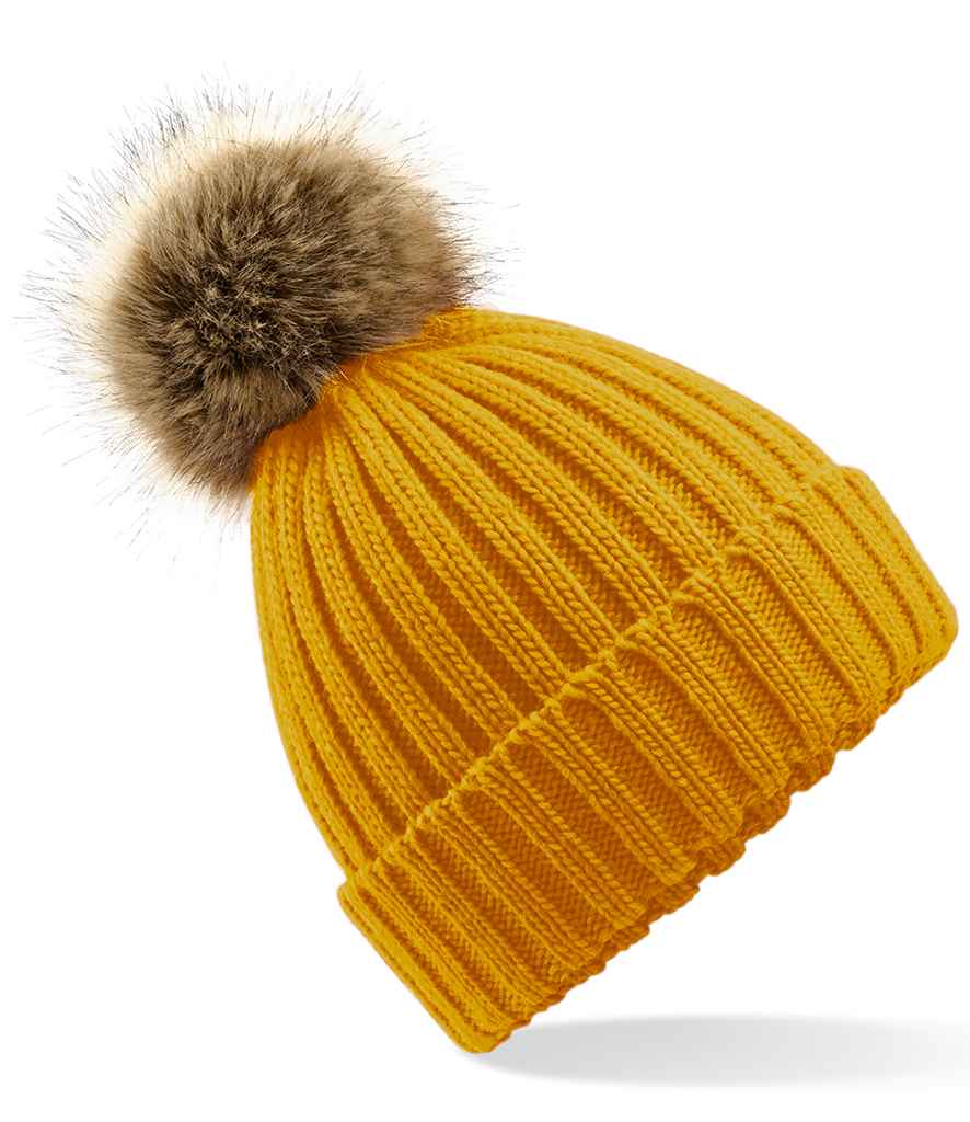 Beechfield Faux Fur Pop Pom Chunky Beanie in ONE Mustard by Beechfield — Custom branded clothing by Print Press, featuring premium embroidery produced in our specialist print lab in the UK.
